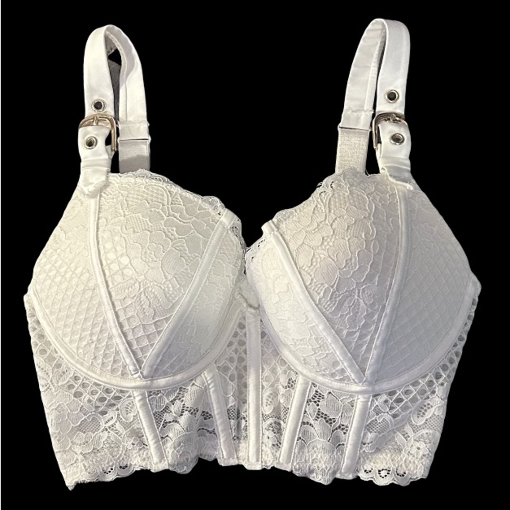 Vamp Bras and Things  White Lace Glimmer Contour Cup Bustier Bra  Size 32 D